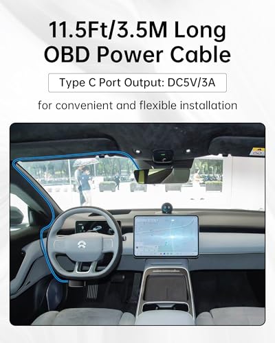 OBD OBD2 Power Cable for Dash Camera, OBDII to USB C Adapter Hardwire Kit 24 Hours Surveillance with Low Voltage Protection(11.6V Auto-Cutoff) for Dashcam, GPS, Radar, 12-36V to 5V/3A (3.5m/11.5ft)