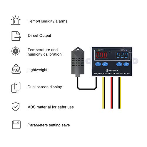 KETOTEK KT100 Humidity Temperature Controller 120V 10A Fahrenheit Digital Thermostat Humidistat Control Switch Direct Output with 1.5m Temperature Humidity Sensor