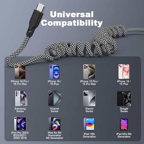 Coiled Carplay Car Charger Fast Charging, USB A to USB C Cable 2 Pack - color: Grey
