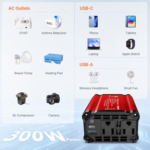 300W Car Power Inverter, DC 12V to 110V AC, PD65W QC18W 2 Outlets - color: Red-300w-65