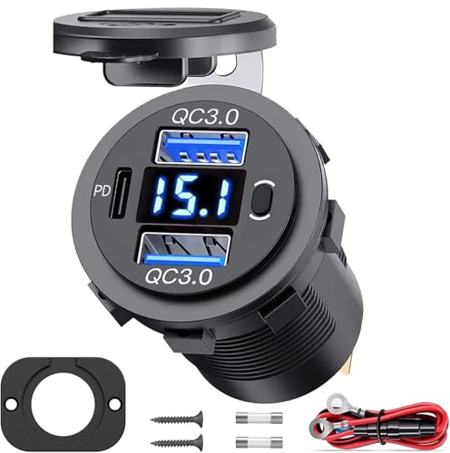 12V USB C Outlet 66W PD+QC Fast Charger Switch Voltmeter for Car Boat - size: Dual QC3.0+PD