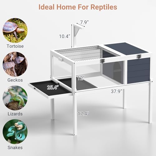 Yafylly Wooden Tortoise Habitat Indoor, Large Tortoise Habitat Enclosure with Detachable Legs, 2 Leak-Proof Trays, Lamp Holder, Indoor Turtles Habitats, Tortoises House Outdoor