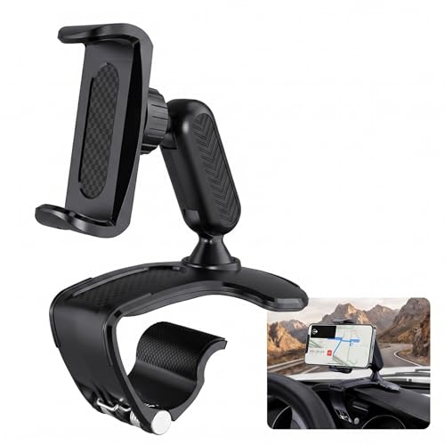 Car Dashboard Phone Holder, 360° Rotating Navigation Stand, Anti-Shake Clip-On Design, Universal Phone Mount for Dashboard, Rearview Mirror & Sun Visor, Hands-Free Car Accessory (Black)