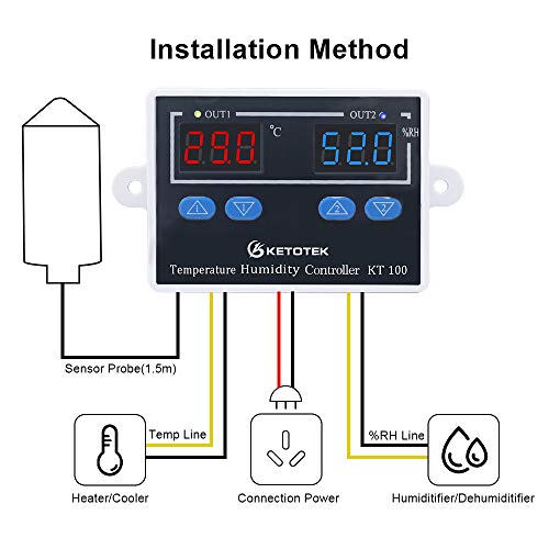 KETOTEK KT100 Humidity Temperature Controller 120V 10A Fahrenheit Digital Thermostat Humidistat Control Switch Direct Output with 1.5m Temperature Humidity Sensor