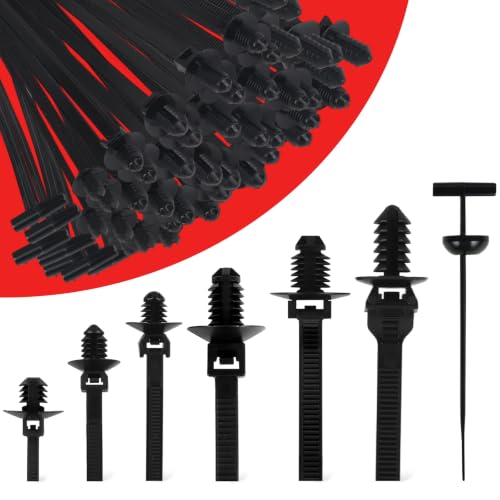 70 PCS Push Mount Zip Ties, Flame Retardant PA66 Nylon Cable Ties, 6 Types Push Pin Zip Ties and 1 Type T-Head Tie, Automotive Wire Harness Clips, Christmas Tree Fasteners, Black