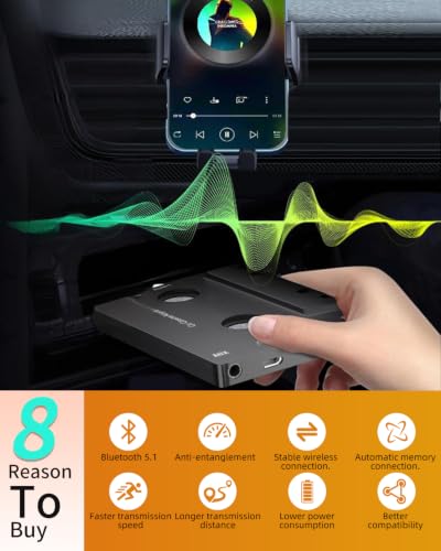 Car Audio Bluetooth 5.1 Cassette Receiver, Cassette Bluetooth Adapter for Car Tape Player, Wireless Cassette Aux Adapter with Hands-Free Calling, Compatibility with Smartphones, Tablets, MP3, TF Card