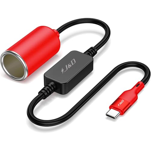 J&D USB C Male to 12V Car Cigarette Lighter Socket Female Converter Cable, 12V 18W Power Cable for Dash Cam, GPS, Car LED Light Strips, Red, 3 ft - color: Red, size: 3 ft
