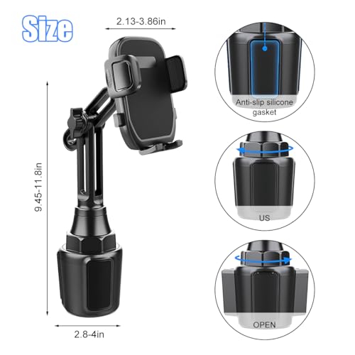 Car Cup Phone Holder, 360° Rotation with Long & Adjustable Neck