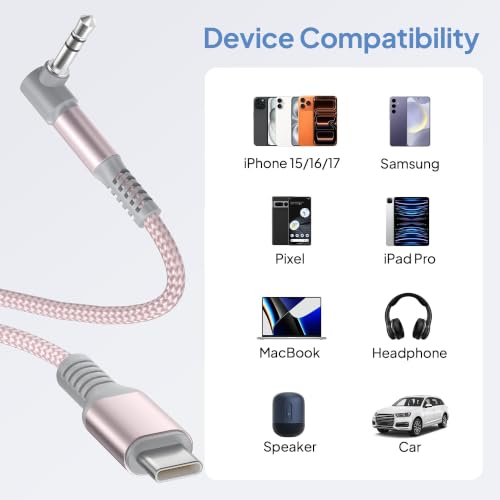 Elebase iPhone 17 Aux Cable 4FT,USB C to Right Angle 3.5MM Audio Adapter - color: Right Angle-Pink, size: 4ft/1.2m