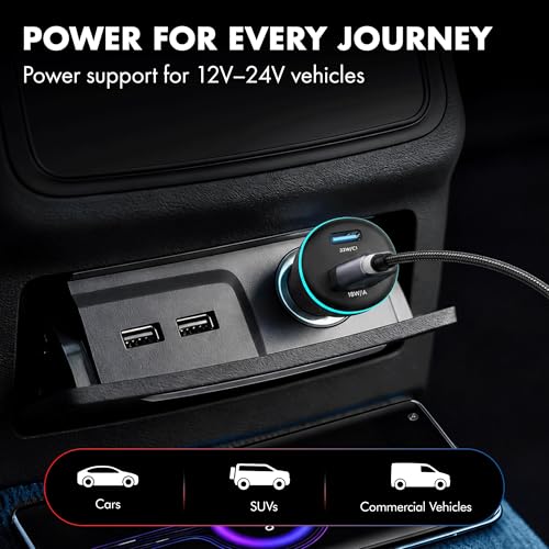PD 51W Superfast Charging Wozoyo Car Charger, with Type C and USB A, Power Delivery, PPS & QC 3.0, Dual Port (33W + 18W), 12V–24V Compatible, Multi-Layer Protection, 2-Years Manufacturer Warranty