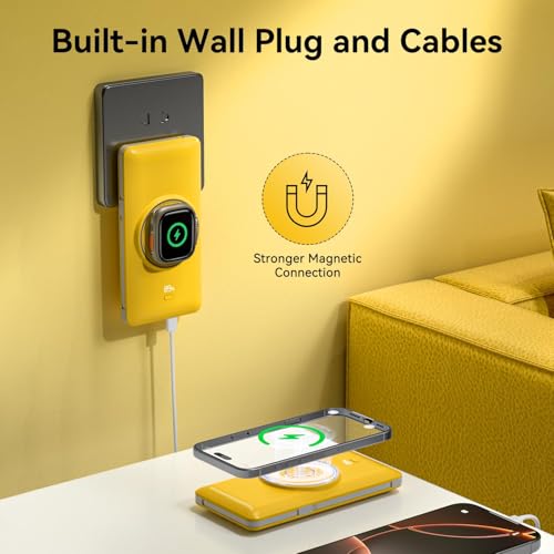 Wireless Power Bank for Phones & Apple Watch,10000mAh Fast Charging Slim Portable Charger Built-in Cables and AC Wall Plug, External Travel Battery Pack Compatible with iPhone/Samsung - color: Bright Yellow