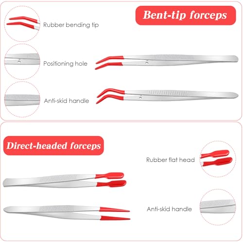 4 Pcs Rubber Tipped Tweezers PVC Coated Craft Tweezers for Stickers Straight Tip Flat Tip Long Bent Tweezer Pointed Tips for Crafts Stamps Electronics Beads Jewelry Lab Work