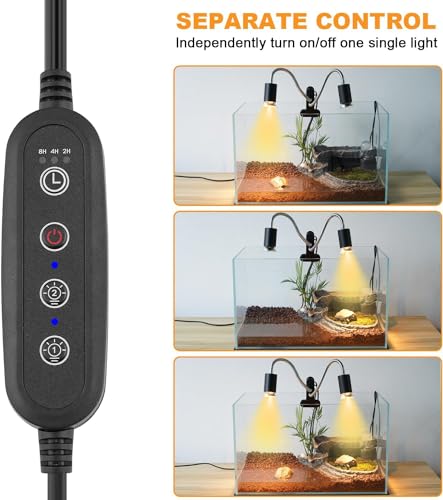 Reptile Heat Lamp, Dual-Head UVA UVB Reptile Light, Heating Lamp with Cycle Timer, Heat Lamp for Reptiles Bearded Dragon Turtle Crab Snake Lizard, Separate Control, 3 Basking Bulbs Light - color: Dual-head Lamp With Timer & 3 Bulbs