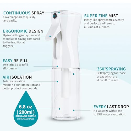 ELEMSY Spray Bottle For Hair (2 Pack 6.8 OZ) Continuous Mister Empty Spray Bottles, Ultra Fine Mist Water Sprayer for Hairstyling, Cleaning, Plants, Pets, Barbers, Salons, Essential Oil Scents - style: White & Black