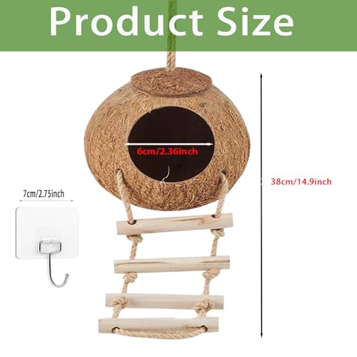 Crested Gecko Coconut Hide with Ladder Shell Natural,Reptile Coco Hut Cave Habitat with Suction Cup Terrarium Décor for Hermit Crab, Lizard, Leopard Gecko Snake Reptiles