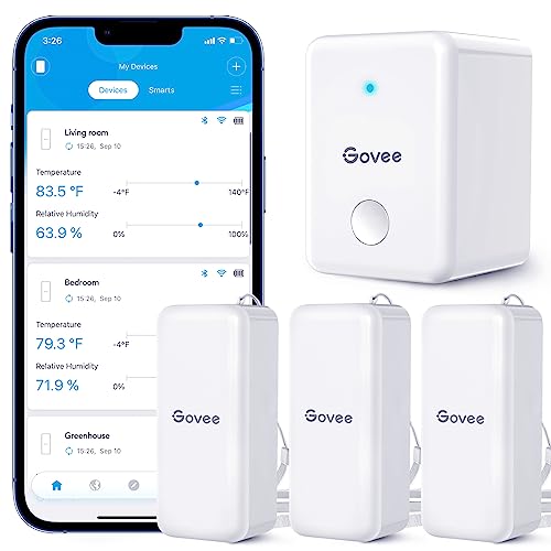 Govee WiFi Hygrometer Thermometer Sensor 3 Pack, Indoor Wireless Smart Temperature Humidity Monitor with Remote App Notification Alert, 2 Years Data Storage Export, for Home, Greenhouse - style: BT Gateway + 3 Sensors