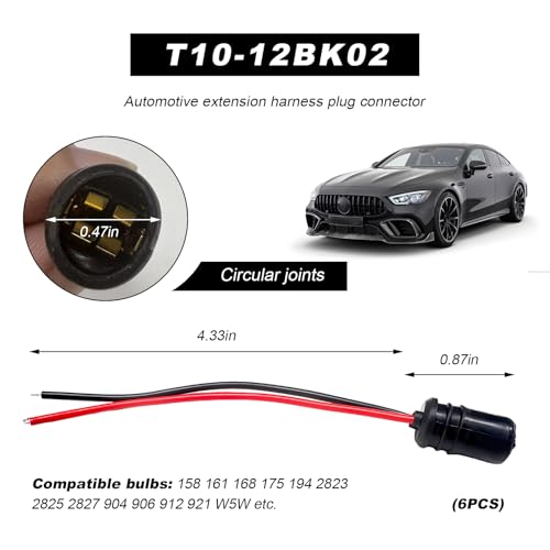 DXNQ 6PCS T10 Extension Harness Plug Connector, Car Instrument 194 Bulb Socket Base with 4.33" Wire Harness, Tail Light Socket Pre-Wired Rubber Lamp Holder for 168 175 194 W5W Bulb - color: T10-12BK02