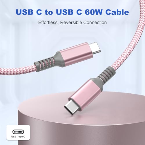 Basesailor USB C to USB C 60W Cable 6.6FT 2Pack Pink Braided Fast Charging - color: Pink, size: 6.6FT/2M