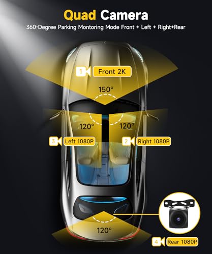 4-Channel Dash Cam 2K Front+1080P Rear & Interior Cameras - WiFi App Control, 360° Coverage, Night Vision, Loop Recording, G-Sensor, 24H Parking Mode