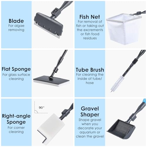 AquaMiracle 6 in 1 Aquarium Cleaning Tool Kit Fish Tank Cleaning Kit for 20-160 Gallon Tank with Telescopic Long Handle, Algae Scraper, Scrubber Pads, Tube Cleaner, Fish net, Gravel Rake