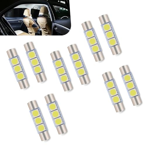 10PCS Led Sun Visor Vanity Mirror Lights, T6 DC 12V 3SMD 5050 Chips 300LM Super Bright Car Led Bulbs, 180 Degree Lighting Reading Lamp for Vanity Mirror Lights Interior Sun Visor (White)