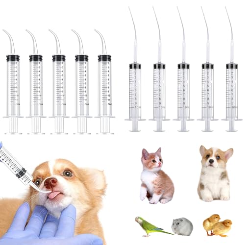 10pcs Plastic Pet Feeding Syringe with Silicone Curved Tip, 4.7inch/12cm Soft Feeding Tubes for Small Dogs, Birds, Cats, Puppy, Kitten, 12ml