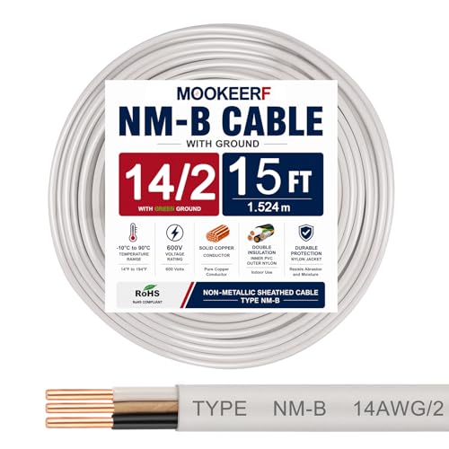 14/2 Wire with Ground - 15FT 14 Gauge NM-B Non-Metallic Sheathed Cable 100% Pure Copper 14 AWG 2 Conductor Residential Indoor Wire for Outlets, Switches, Other Loads and Lighting Wiring Projects etc. - size: 15FT, style: 14AWG/2