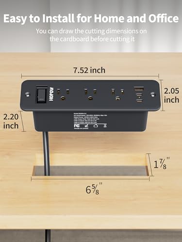 Recessed Power Strip, 6 Outlets 5 USB (3 USB-C, 15W/3A Max), 5FT Flat Plug