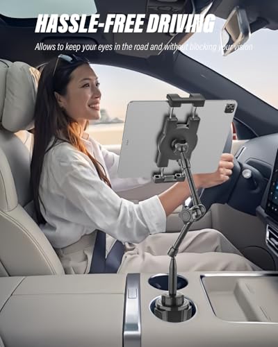 Z Fold Car Mount - [Foldable Phone Friendly] Cup Holder Tablet Mount for Car Truck, 360° Adjustable 19" Long Metal 2-Arm Stand for Samasung Galaxy Fold 7 6 5 4 3 2, Tabs, Google Pixel, iPad, iPhone