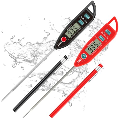 BOMATA 2 Pack Waterproof IPX7 Meat Thermometer Instant Read Food Thermometer with Long Probe for Water, Liquid, Kitchen Cooking, Grill,BBQ ! T101 X 2 Pcs (Black & Red)… - color: Black & Red