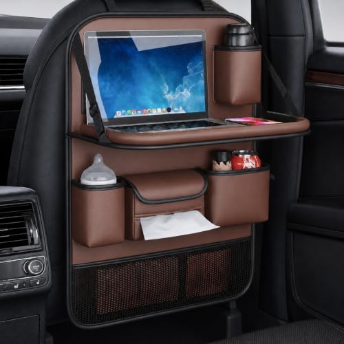 2 Pack Leather Car Backseat Organizer with Foldable Table Tray, Universal Car Seat Back Protector Kick Mat with Touchscreen Tablet Holder, Storage Pockets, Cup Holders & Tissue Holder, Brown - color: Brown