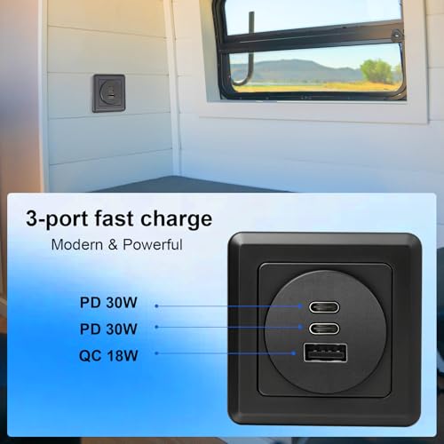 12v RV USB Wall Panel Mount Outlet, 78W 3 Port 12 Volt USB Charging Station, Aluminum Body + Black Faceplate usbc and usba Plug Phone Charger, USB-c PD Fast Charging for RV (2 Pack) - color: 2 Pack