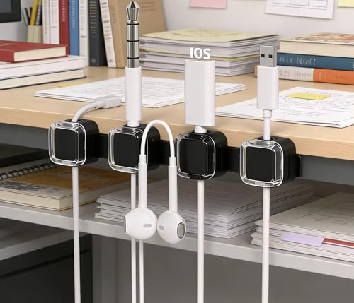 Cable Clips for Desk 6 Pack, Self Adhesive Cable Organizer, Cord Holder for Charging Cables, USB Cables, Earphones & Computer Wires, Wire Management Clips for Home, Office & Car, Black