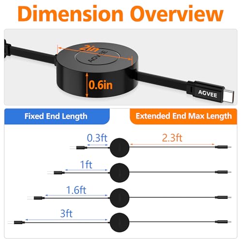 AGVEE 0.3ft Fixed / 2.3ft Extend Single-End Retractable USB C Cable - size: 0.3ft Fixed / 2.3ft Extend