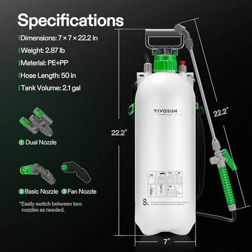 VIVOSUN 2.1 Gal/8L Pump Sprayer, Garden Water Sprayer for Plants, Weeds & Lawn Care, with 3 Nozzles, 50'' Long Hose & Pressure Relief Valve - size: 2.1 gal