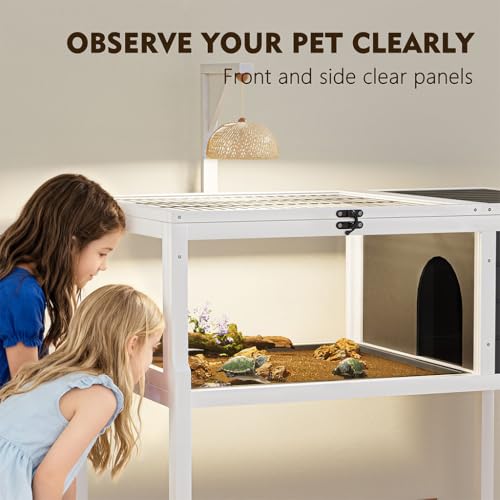 Wooden Tortoise Habitat Indoor Outdoor, 2-Story Tortoise House with Balcony & Storage Shelf, Large Turtle Enclosure Reptile Cage for Small Animals, Weatherproof Design, Gray