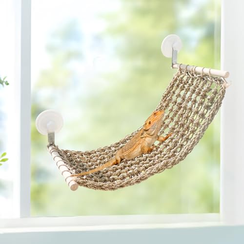 23 × 9 Inch Large Bearded Dragon Hammock, Reptile Window Bed, Seagrass Mat Window Perch Toy with Powerful Suction Cups, Climbing Accessories for Bird Parrot Lizard Leopard Gecko Guinea Pig Rat