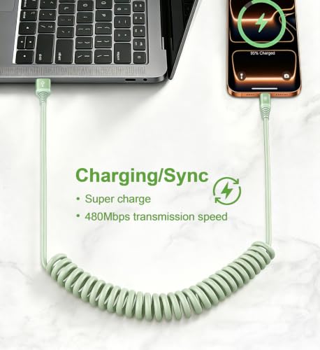 Coiled USB A to USB C Cable for CarPlay [3FT+6FT], USB to USB C Cable - color: Green, size: 3FT+6FT