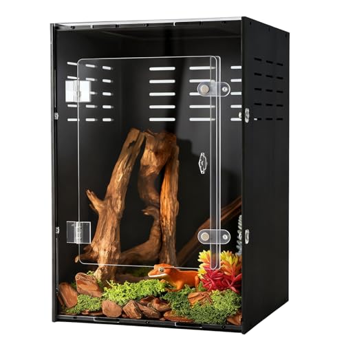 12" x 12" x 18" Reptile Enclosure, Black PVC Terrarium with Front Opening Doors, Screen Top Ventilation, Secure Lock for Arboreal Reptiles - color: Black