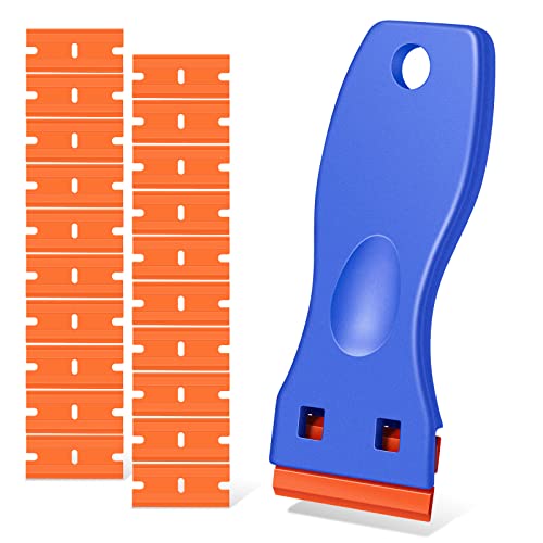 Plastic Razor Blade Scraper, Scraper Tool with 20 PCS Plastic Razor Blades for Removing Labels Adhesive Decals Sticker from Windows Glass (Blue) - color: Blue-1pcs