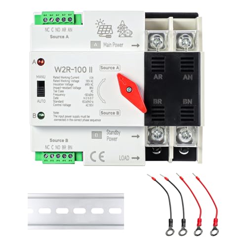 63A AC 110V Dual Power Automatic/Manual Transfer Switch 2P, Mini ATS Solar Auto Transfer Switch for Home Generator 2POLE 63Amp 110Volt, Din Rail Fast Changeover Transfe 50/60Hz for Rv, Lv Power - size: DIN-2P 63A 110V