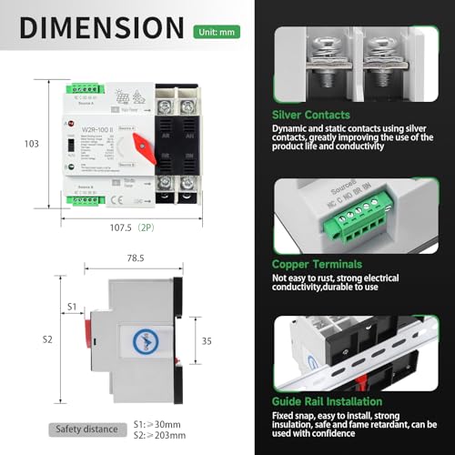 63A AC 110V Dual Power Automatic/Manual Transfer Switch 2P, Mini ATS Solar Auto Transfer Switch for Home Generator 2POLE 63Amp 110Volt, Din Rail Fast Changeover Transfe 50/60Hz for Rv, Lv Power - size: DIN-2P 63A 110V