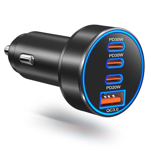 Car Charger USB C,98W 4-Port Super Fast Car Phone Cigarette Lighter Adapter - color: Black