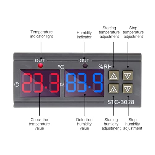 2Pcs All-Purpose Intelligent Digital Display Temperature and Humidity Controller with Dual Displays and Relay Outputs STC-3028 10A AC110~220V for Incubator Brooder Refrigerator Fermenter Greenhouse