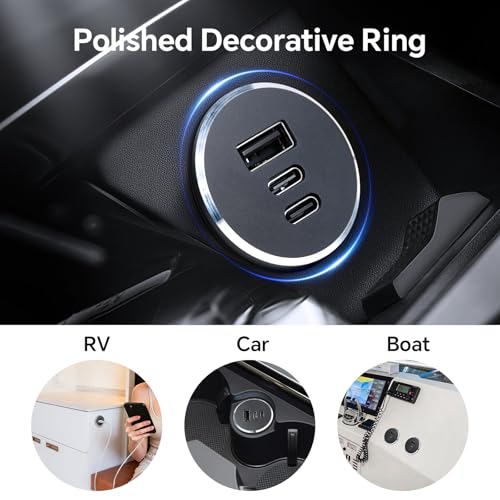 78W 12V USB Outlet with Silver Ring, Aluminum Car USB C Socket - color: 2Pcs