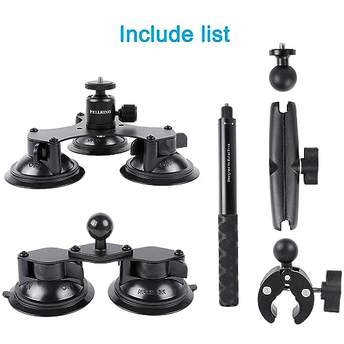 PellKing Suction Car Mount for Insta360 x5,x4, x3, x2, x,One RS,R Compatible with GoPro Max DJI OSMO 360 Camera 5 in 1 Suction Mount Kit for Action Cameras (Includes 44.9-inch Selfie Stick)