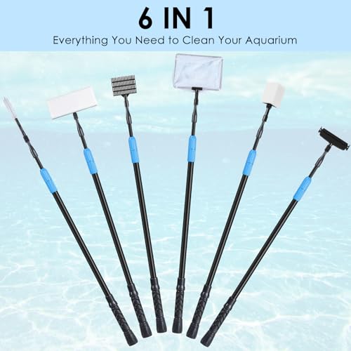 AquaMiracle 6 in 1 Aquarium Cleaning Tool Kit Fish Tank Cleaning Kit for 20-160 Gallon Tank with Telescopic Long Handle, Algae Scraper, Scrubber Pads, Tube Cleaner, Fish net, Gravel Rake