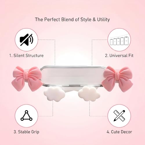 Car Air Vent Phone Holder, Pink Bow & Cloud Design Cute Car Phone Mount, 5.31" x 1.97" 360° Rotatable Adjustable Vent Phone Bracket, Universal for Most Cars, SUVs, Trucks (Style A) - size: 1 PC #Style A