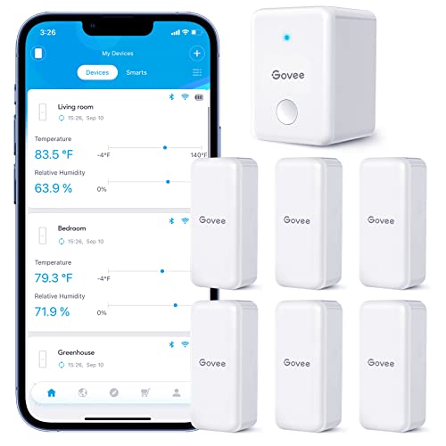 Govee WiFi Hygrometer Thermometer 6 Pack H5100, Indoor Wireless Temperature Humidity Sensor Monitor with Remote App Notification Alert, 2 Years Data Storage Export, for Home, Greenhouse - style: BT Gateway + 6 Sensors