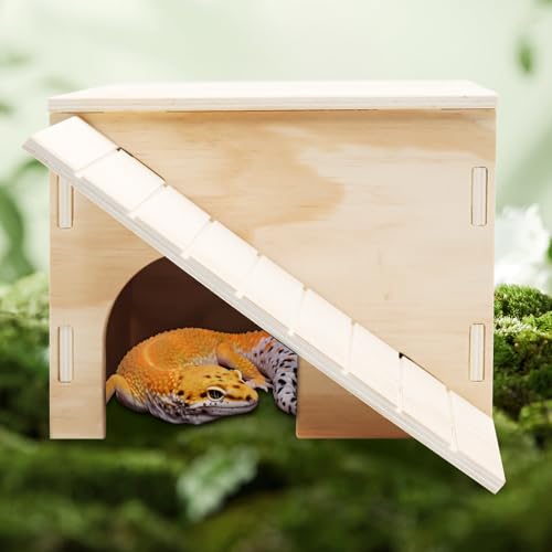 2-in-1 Wooden Hide Cave with Ramp & Basking Platform – Reptile Hideout & Tank Accessory for Bearded Dragons, Geckos, Snakes - size: Small